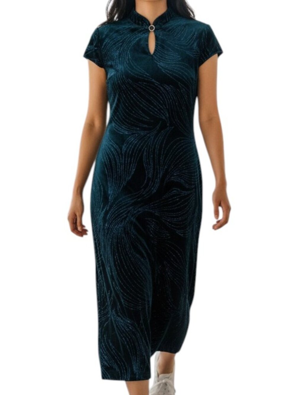 Vintage Velvet Mandarin Glitter Floral Maxi Dress Blue Turquoise Medium